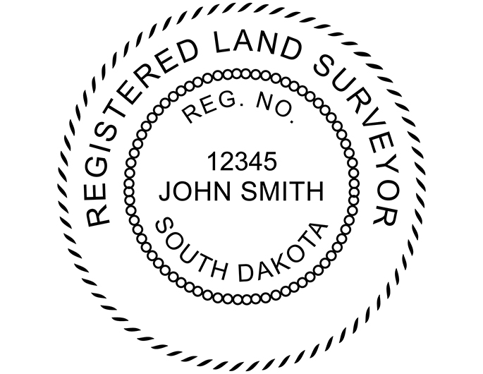 South Dakota land surveyor rubber stamp. Laser engraved for crisp and clean impression. Self-inking, pre-inked or traditional.