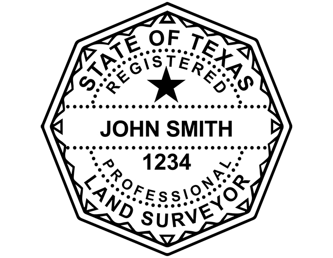 Texas land surveyor rubber stamp. Laser engraved for crisp and clean impression. Self-inking, pre-inked or traditional.