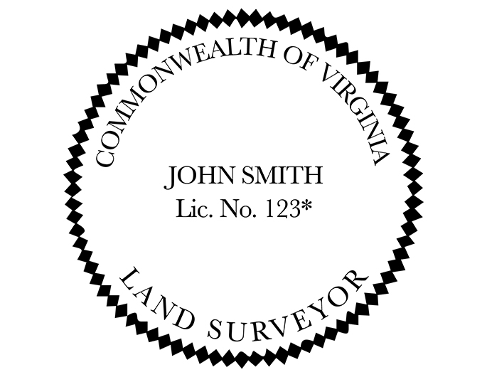 Virginia land surveyor rubber stamp. Laser engraved for crisp and clean impression. Self-inking, pre-inked or traditional.