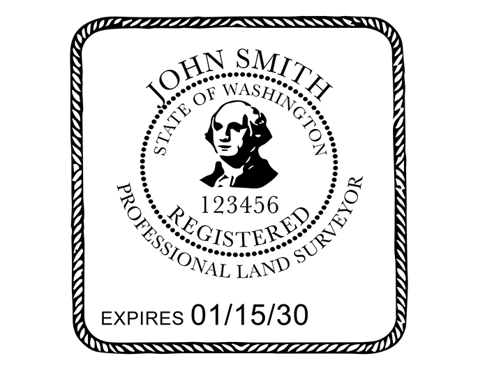 Washington land surveyor rubber stamp. Laser engraved for crisp and clean impression. Self-inking, pre-inked or traditional.