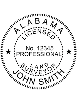Alabama land surveyor rubber stamp. Laser engraved for crisp and clean impression. Self-inking, pre-inked or traditional.