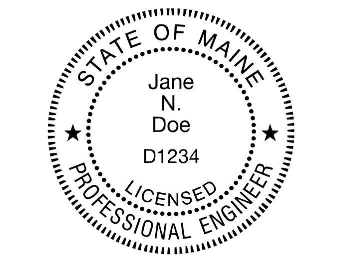 Maine professional engineer rubber stamp. Laser engraved for crisp and clean impression. Self-inking, pre-inked or traditional.