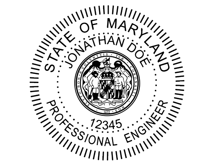 Maryland professional engineer rubber stamp. Laser engraved for crisp and clean impression. Self-inking, pre-inked or traditional.