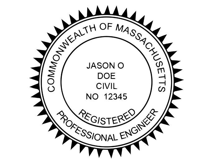 Massachusetts professional engineer rubber stamp. Laser engraved for crisp and clean impression. Self-inking, pre-inked or traditional.