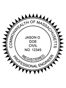 Massachusetts professional engineer rubber stamp. Laser engraved for crisp and clean impression. Self-inking, pre-inked or traditional.