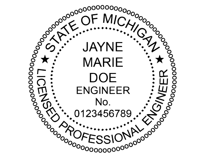 Michigan professional engineer rubber stamp. Laser engraved for crisp and clean impression. Self-inking, pre-inked or traditional.