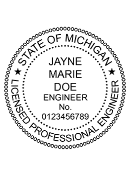 Michigan professional engineer rubber stamp. Laser engraved for crisp and clean impression. Self-inking, pre-inked or traditional.
