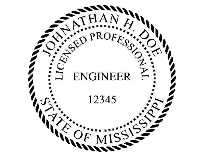 Mississippi professional engineer rubber stamp. Laser engraved for crisp and clean impression. Self-inking, pre-inked or traditional.