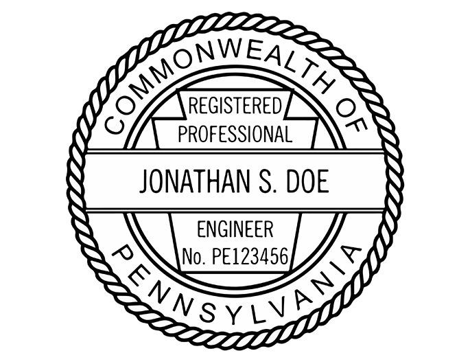 Pennsylvania professional engineer rubber stamp. Laser engraved for crisp and clean impression. Self-inking, pre-inked or traditional.