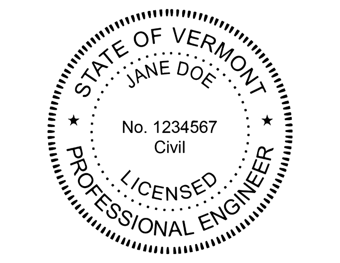 Vermont professional engineer rubber stamp. Laser engraved for crisp and clean impression. Self-inking, pre-inked or traditional.