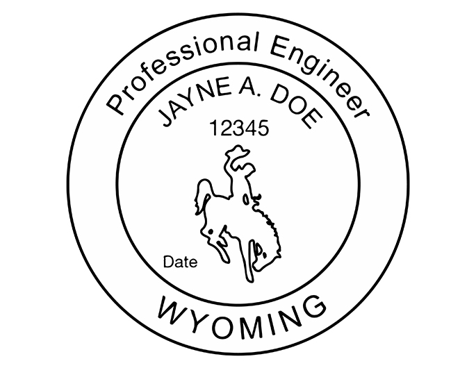 Wyoming professional engineer rubber stamp. Laser engraved for crisp and clean impression. Self-inking, pre-inked or traditional.