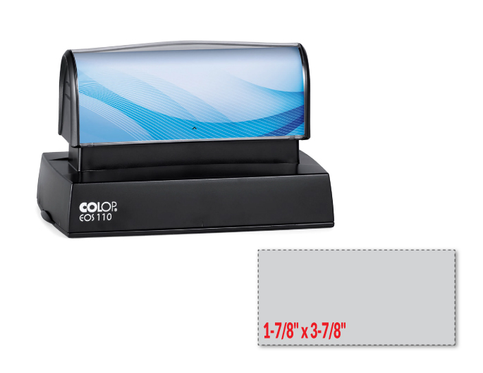 The EOS 110 stamp is a pre-inked stamp made for use on porous surfaces such as regular paper. Impression Area: 1-7/8" x 3-7/8".