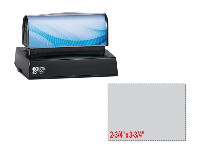 The EOS 120 stamp is a pre-inked stamp made for use on porous surfaces such as regular paper. Impression Area: 2-3/4" x 3-3/4".