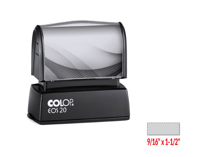 EOS 20 stamp is a pre-inked rubber stamp made for use on a non-porous surface such as plastic or metal. Impression Area: 9/16" x 1-1/2"