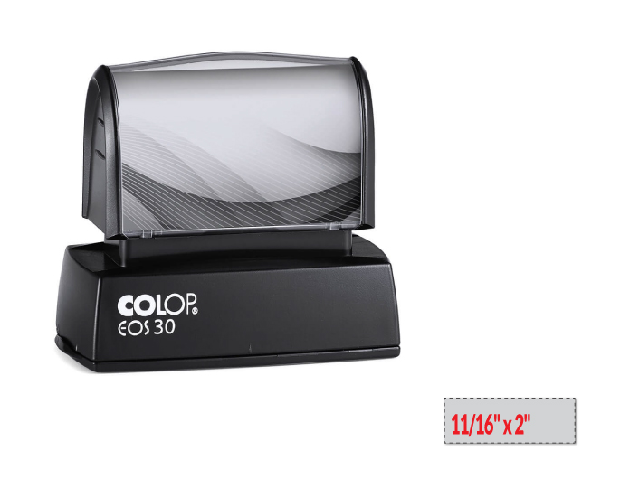 The EOS 30 stamp is a pre-inked stamp made for use on porous surfaces such as regular paper. Impression Area: 11/16" x 2".