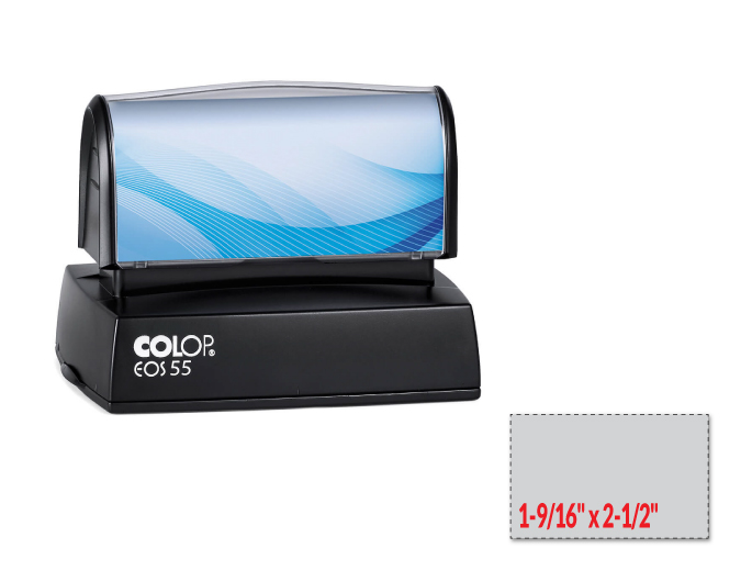 The EOS 55 stamp is a pre-inked stamp made for use on porous surfaces such as regular paper. Impression Area: 1-9/16" x 2-1/2".
