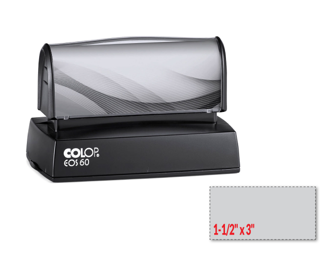 The EOS 60 stamp is a pre-inked stamp made for use on a non-porous surface such as plastic or metal. Impression Area: 1-1/2" x 3"