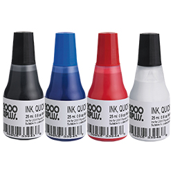 Colop quick dry ink.  Quick dry ink dries on non-porous surfaces.  Available in black, blue, red or white.