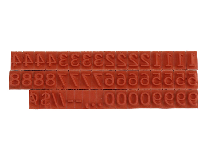 RIBtype FA12  number set.  This set of RIBtype characters comes with 49 total pieces.  2 ribs on the back of numbers and special characters.  Characters are 3/16" tall which is equivalent to 18pt font size.