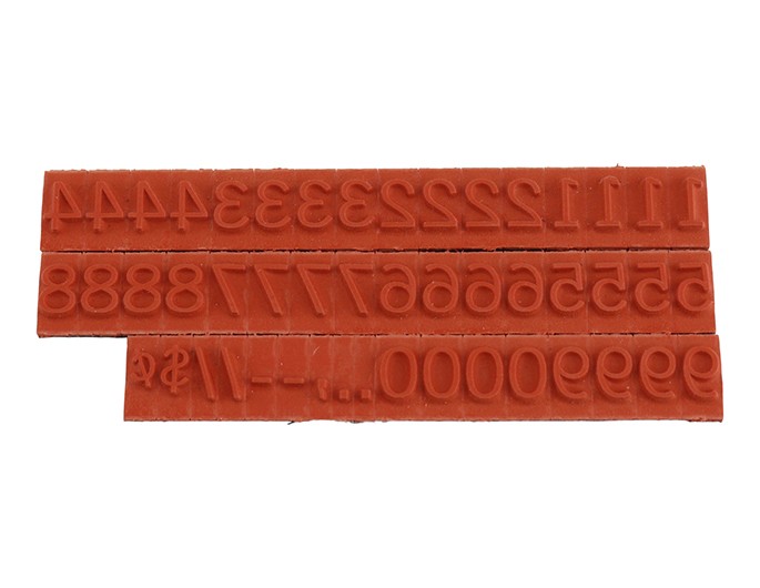 RIBtype FA13  number set.  This set of RIBtype characters comes with 49 total pieces.  2 ribs on the back of numbers and special characters.  Characters are 1/4" tall which is equivalent to 24pt font size.