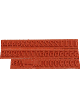 RIBtype FA13  number set.  This set of RIBtype characters comes with 49 total pieces.  2 ribs on the back of numbers and special characters.  Characters are 1/4" tall which is equivalent to 24pt font size.