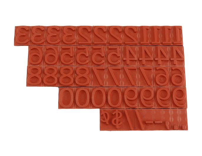 RIBtype FA15  number set.  This set of RIBtype characters comes with 49 total pieces.  3 ribs on the back of numbers and special characters.  Characters are 3/8" tall which is equivalent to 36pt font size.