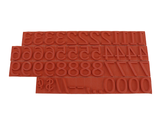 RIBtype FA16  number set.  This set of RIBtype characters comes with 49 total pieces.  4 ribs on the back of numbers and special characters.  Characters are 1/2" tall which is equivalent to 48pt font size.