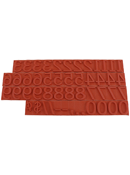 RIBtype FA16  number set.  This set of RIBtype characters comes with 49 total pieces.  4 ribs on the back of numbers and special characters.  Characters are 1/2" tall which is equivalent to 48pt font size.