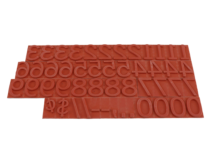 RIBtype FA17  number set.  This set of RIBtype characters comes with 49 total pieces.  4 ribs on the back of numbers and special characters.  Characters are 5/8" tall which is equivalent to 64pt font size.