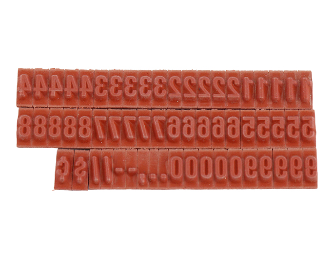 RIBtype FU72 bold number set.  This set of RIBtype characters comes with 49 total pieces.  2 ribs on the back of numbers and special characters.  Characters are 3/16" tall which is equivalent to 18pt font size.