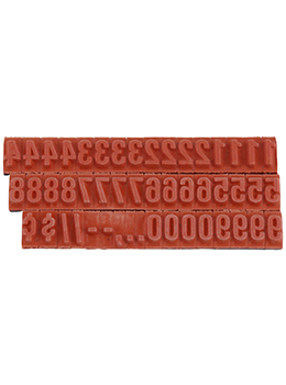 RIBtype FU73 bold number set.  This set of RIBtype characters comes with 49 total pieces.  2 ribs on the back of numbers and special characters.  Characters are 1/4" tall which is equivalent to 24pt font size.