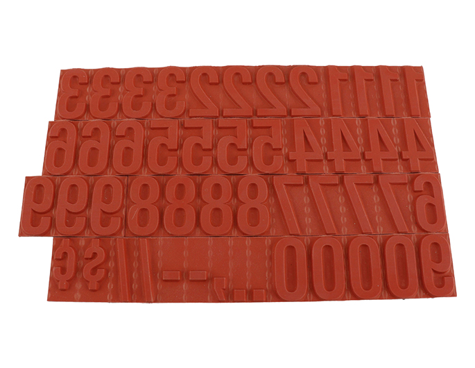 RIBtype FU78 bold number set.  This set of RIBtype characters comes with 49 total pieces.  6 ribs on the back of numbers and special characters.  Characters are 3/4" tall which is equivalent to 76pt font size.