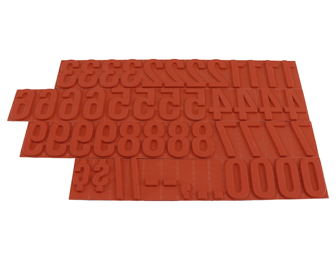 RIBtype FU79 bold number set.  This set of RIBtype characters comes with 49 total pieces.  6 ribs on the back of numbers and special characters.  Characters are 15/16" tall which is equivalent to 76pt font size.