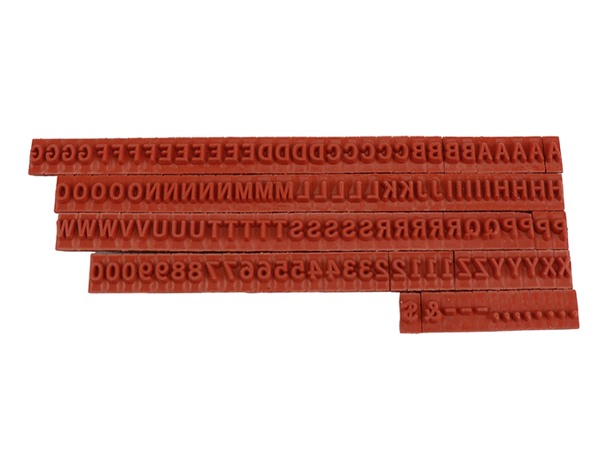 TA10 RIBtype letter / number set.  This set of RIBtype characters comes with 136 total pieces.  2 ribs on the back of characters and numbers.  Characters are 1/8" tall which is equivalent to 12pt font size.