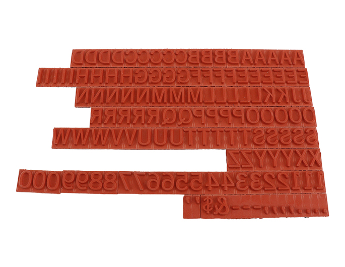 TA14 RIBtype letter / number set.  This set of RIBtype characters comes with 136 total pieces.  3 ribs on the back of characters and numbers.  Characters are 5/16" tall which is equivalent to 30pt font size.