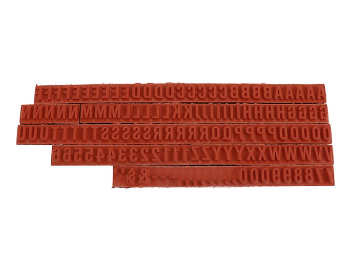TU72 RIBtype bold letter / number set.  This set of RIBtype characters comes with 136 total pieces.  2 ribs on the back of characters and numbers.  Characters are 3/16" tall which is equivalent to 18pt font size.