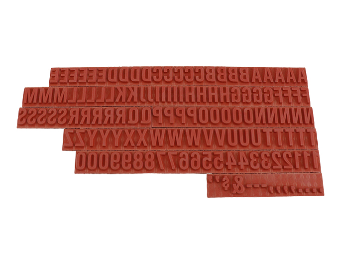 TU74 RIBtype bold letter / number set.  This set of RIBtype characters comes with 136 total pieces.  3 ribs on the back of characters and numbers.  Characters are 5/16" tall which is equivalent to 30pt font size.