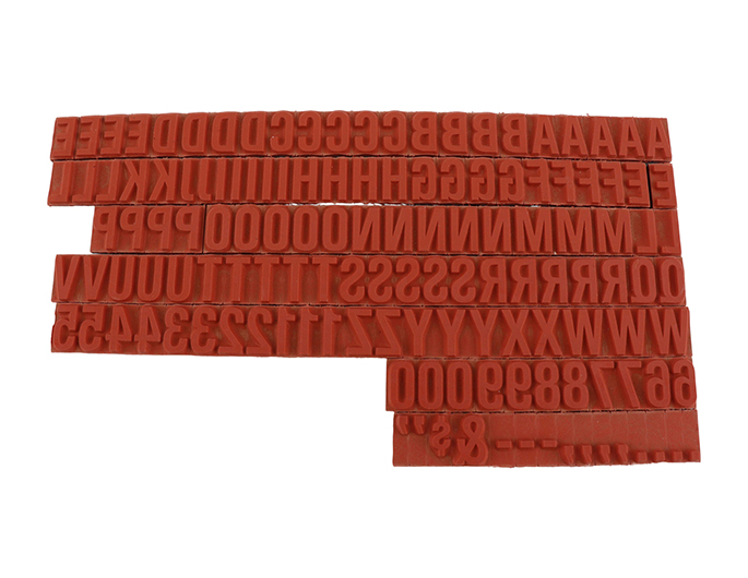 TU75 RIBtype bold letter / number set.  This set of RIBtype characters comes with 136 total pieces.  3 ribs on the back of characters and numbers.  Characters are 3/8" tall which is equivalent to 36pt font size.