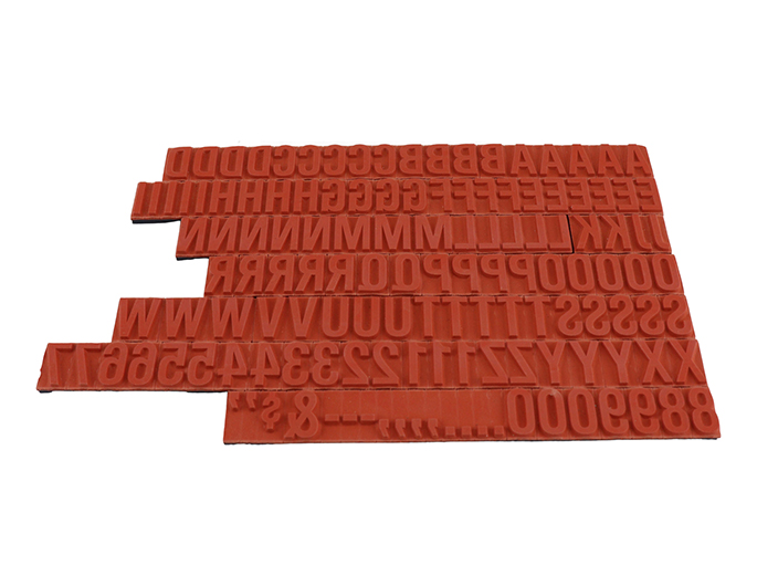 TU76 RIBtype bold letter / number set.  This set of RIBtype characters comes with 136 total pieces.  4 ribs on the back of characters and numbers.  Characters are 1/2" tall which is equivalent to 48pt font size.