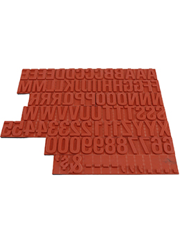 TU77 RIBtype bold letter / number set.  This set of RIBtype characters comes with 94 total pieces.  5 ribs on the back of characters and numbers.  Characters are 5/8" tall which is equivalent to 64pt font size.