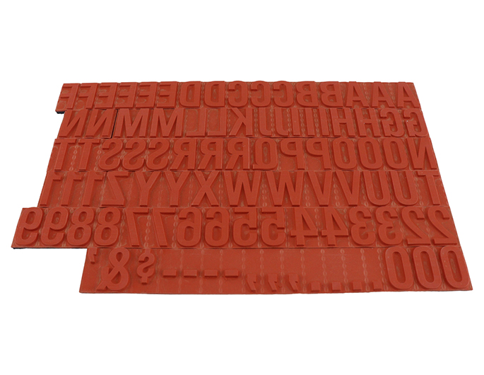 TU78 RIBtype bold letter / number set.  This set of RIBtype characters comes with 94 total pieces.  6 ribs on the back of characters and numbers.  Characters are 3/4" tall which is equivalent to 76pt font size.