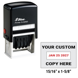 Shiny A-826D custom self-inking date stamp. Available in one or two ink colors. Up to 1 line of copy above and below dates.