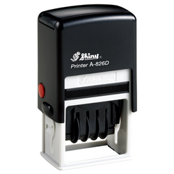 Shiny A-826D custom self-inking date stamp. Available in one or two ink colors. Up to 1 line of copy above and below dates.