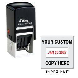 Shiny S-530D custom self-inking date stamp. Available in one or two ink colors. Up to 3 lines of copy above and below dates.