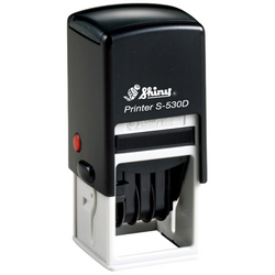 Shiny S-530D custom self-inking date stamp. Available in one or two ink colors. Up to 3 lines of copy above and below dates.