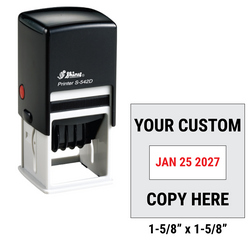 Shiny S-542D custom self-inking date stamp. Available in one or two ink colors. Up to 4 lines of copy above and below dates.