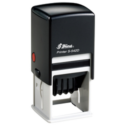 Shiny S-542D custom self-inking date stamp. Available in one or two ink colors. Up to 4 lines of copy above and below dates.
