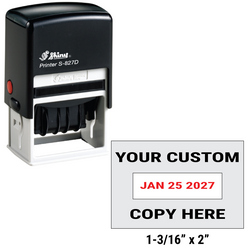 Shiny S-827D custom self-inking date stamp. Available in one or two ink colors. Up to 2 lines of copy above and below dates.