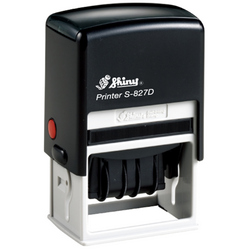 Shiny S-827D custom self-inking date stamp. Available in one or two ink colors. Up to 2 lines of copy above and below dates.