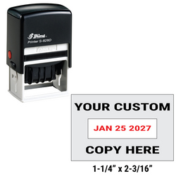 Shiny S-828D custom self-inking date stamp. Available in one or two ink colors. Up to 2 lines of copy above and below dates.